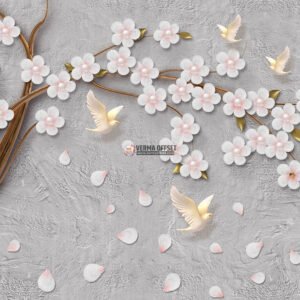 Golden tree with white flower & Birds