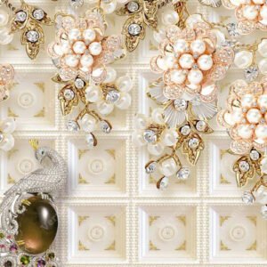 Dimond Flower & Peacock With Golden Leaf Wallpaper