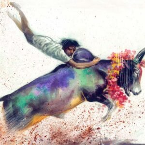 Bull With Man Water Color Painting