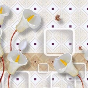 Premium 3D Floral Lily & Geometric Square Pattern Digital Wallpaper for Home Decor