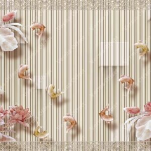 Vintage Peach Floral Mural with Vertical Stripe Pattern