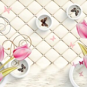 Pink Tulip Buds with Butterfly Accents on Cream Padded Wall