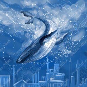 Majestic Blue Whale Soaring in Clouded Sky Digital Art